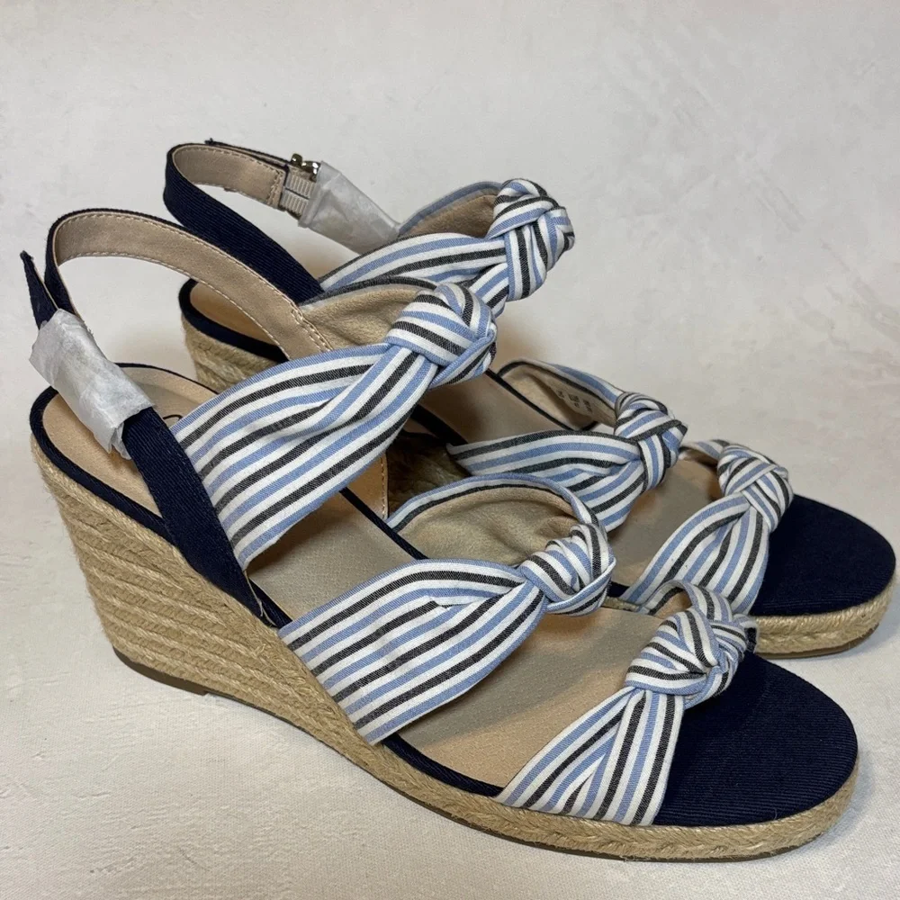 Life Stride Navy and White Striped Wedge Sandals, chambray, NWOT, size 11